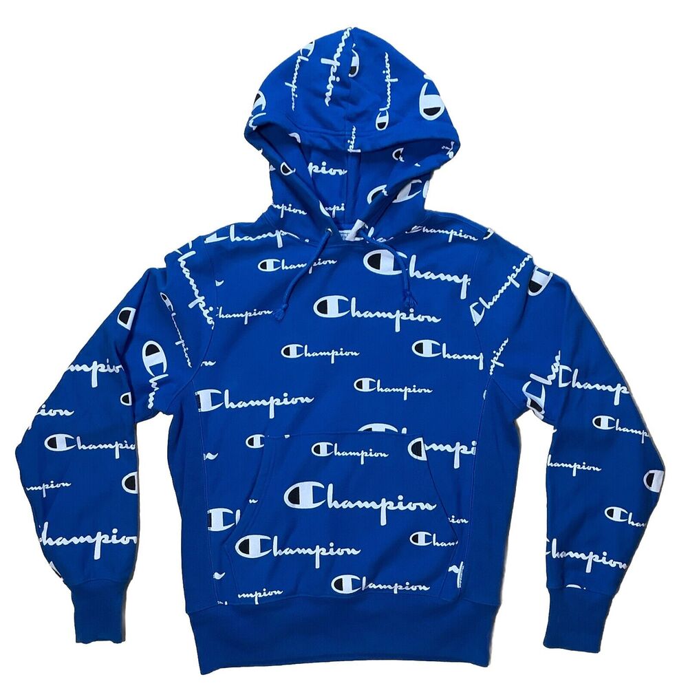 Champion Reverse Weave Script Hoodie Blue - Men’s SMALL - Logo Sweatshirt NICE